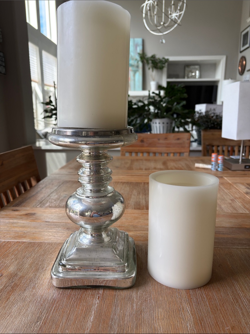2 Crate and Barrel Flameless Pillar Candles with Mercury Glass Pillar Holder